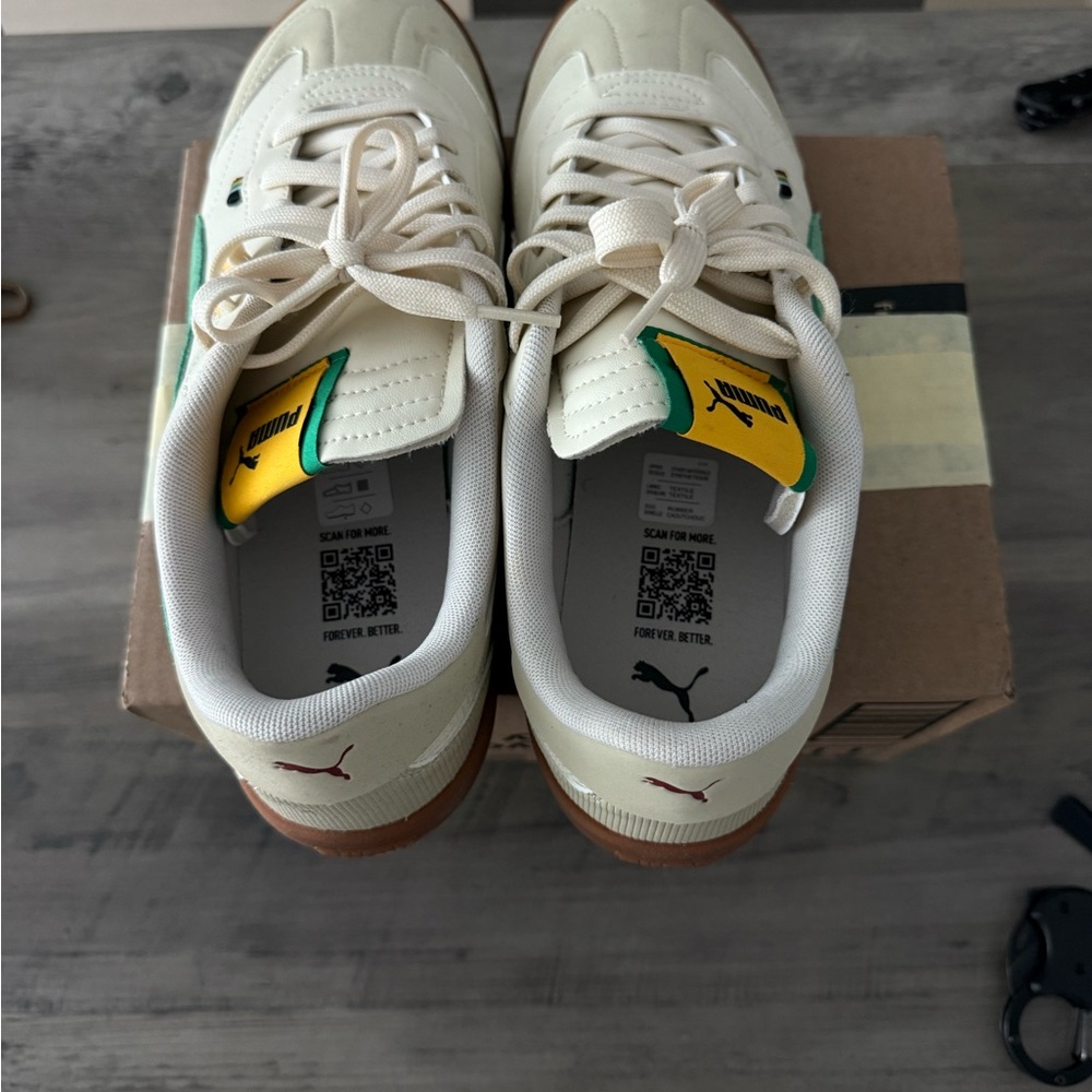 Puma Beige Sneakers with Green and Yellow Highlights
